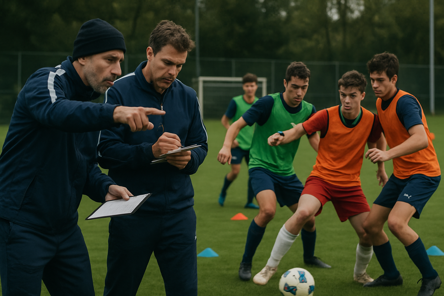 Coaches evaluating players during small-sided games in a football trial session