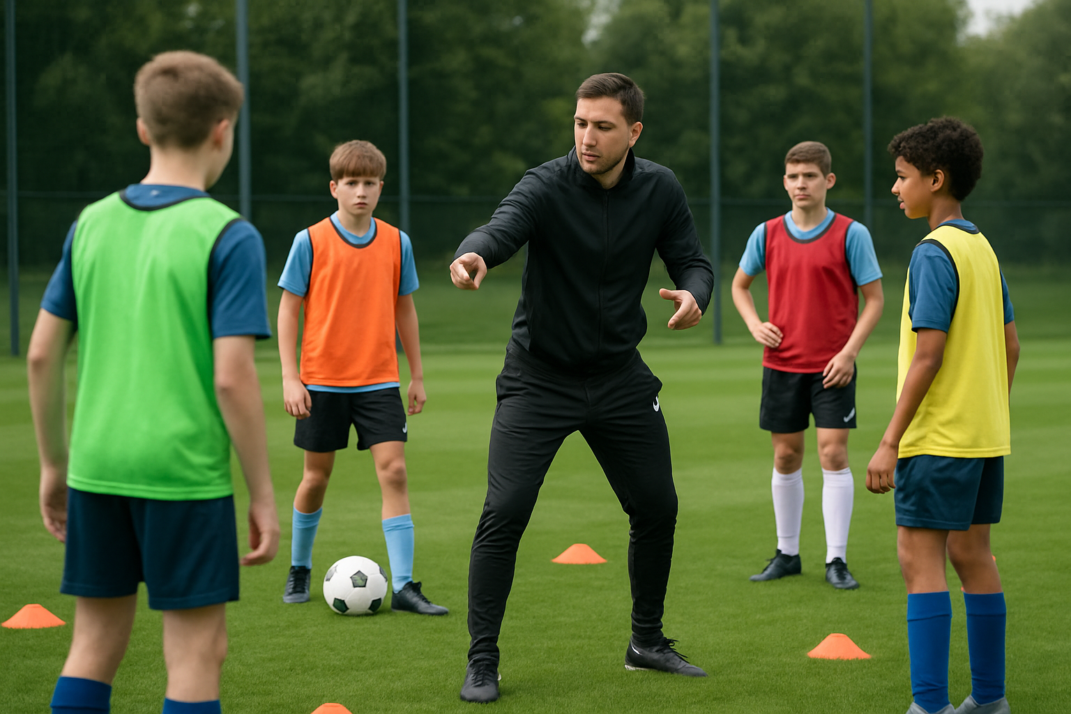 youth football coach leading a structured training session on academy pitch