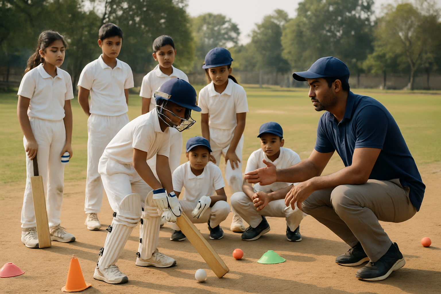 Youth cricket academy outdoor training session with coach guiding players