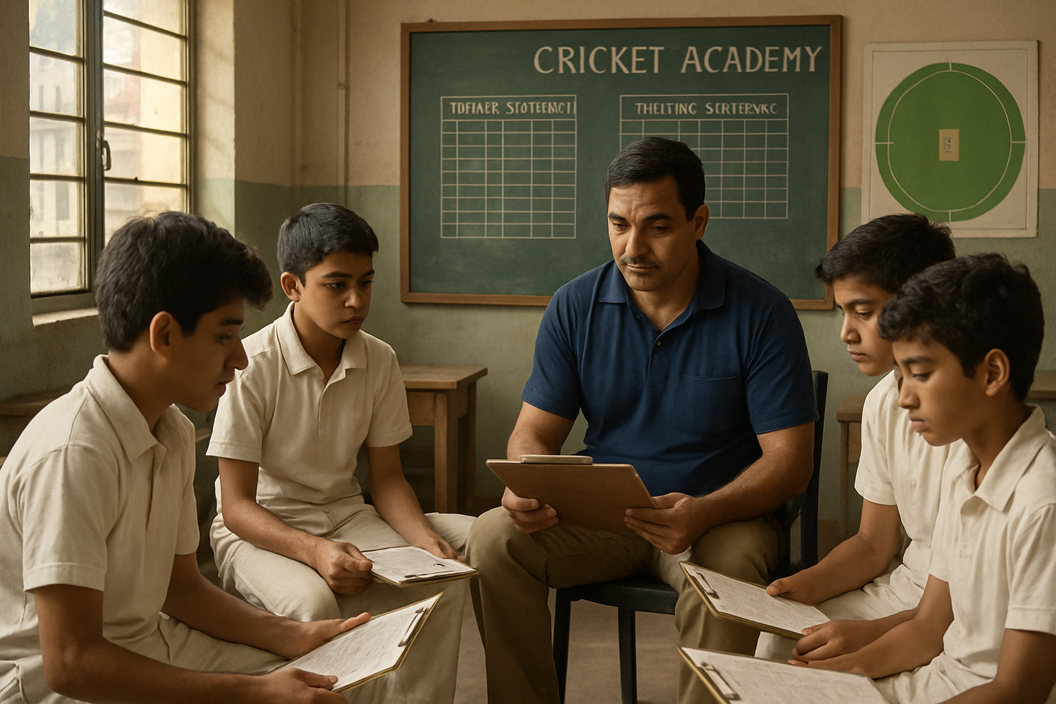 Coach reviewing player development progress with young cricket players
