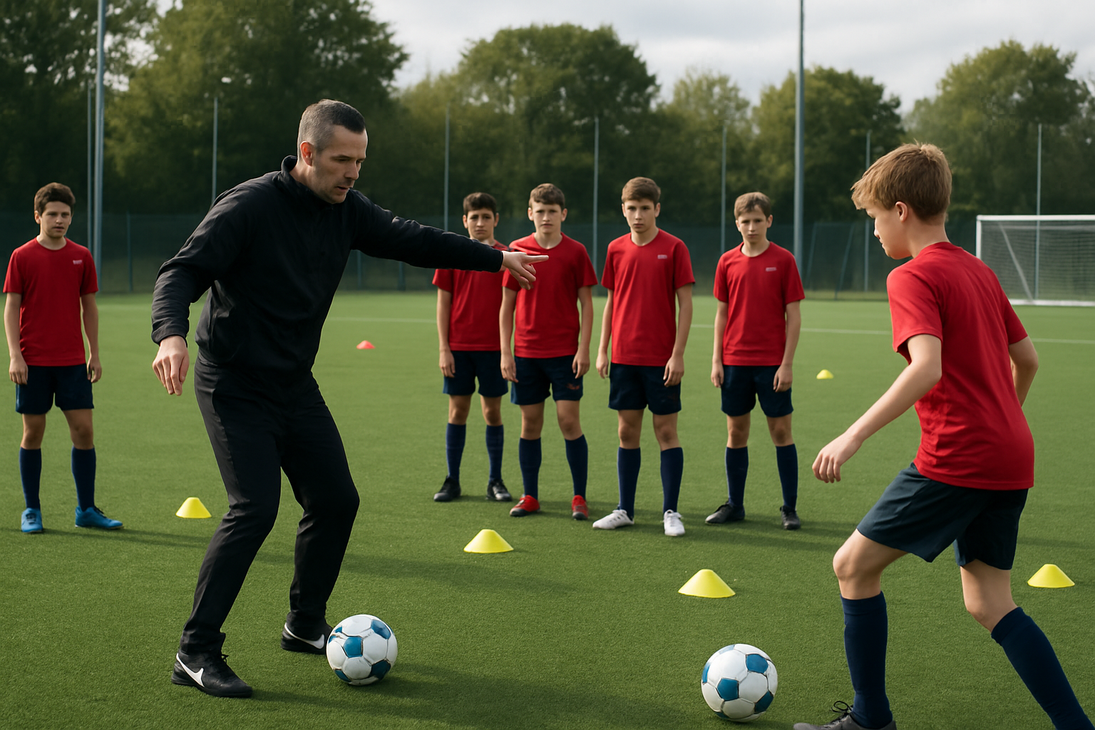 football coaches conducting a structured training session with young players on academy field