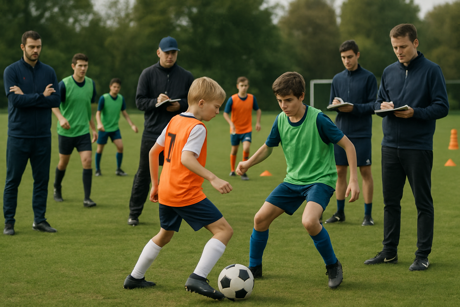 Youth coaches assessing players fairly during a football trial session