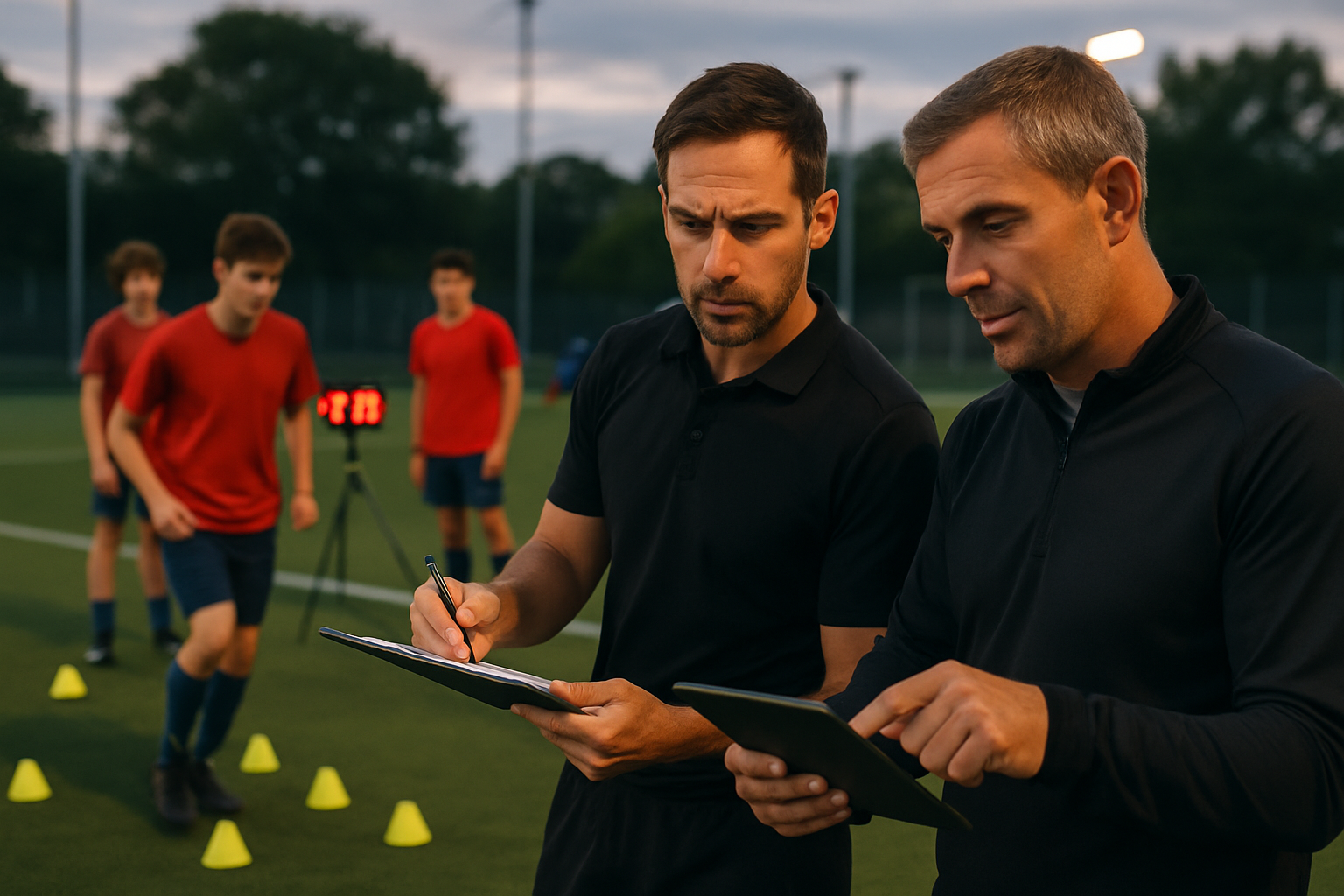 Coaching staff conducting standardized player assessments during football trials