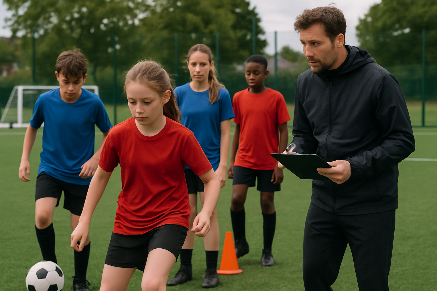 Youth football coach assessing players during a structured football training drill on a local grassroots pitch