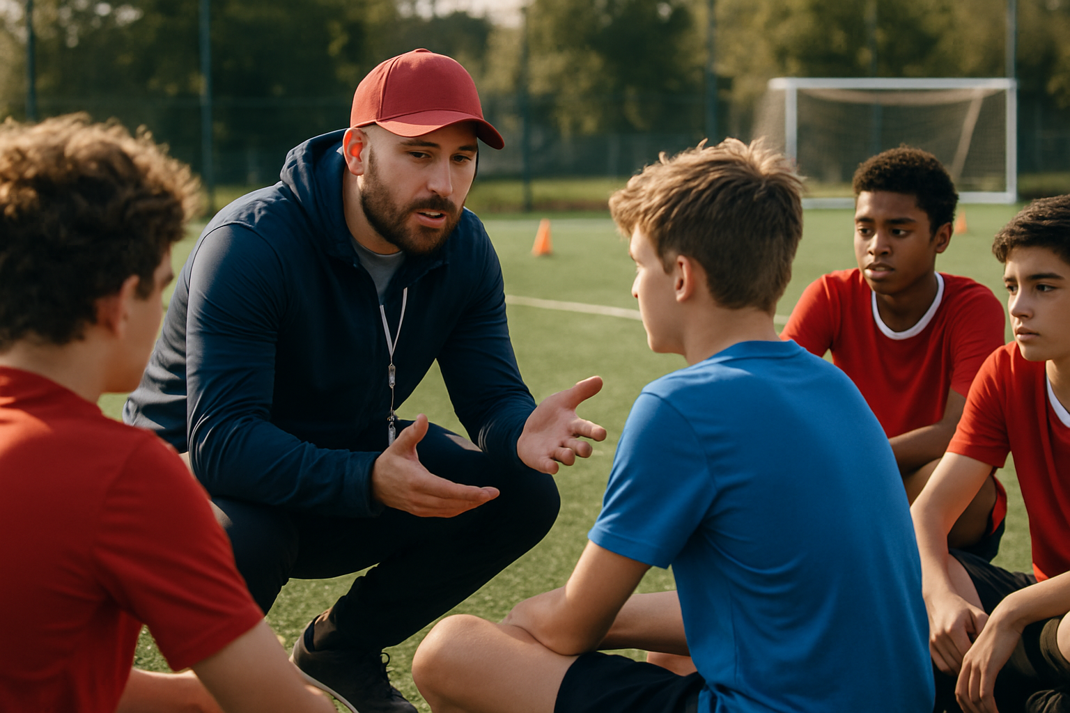 Coach providing feedback to young football players after a training assessment on an outdoor pitch