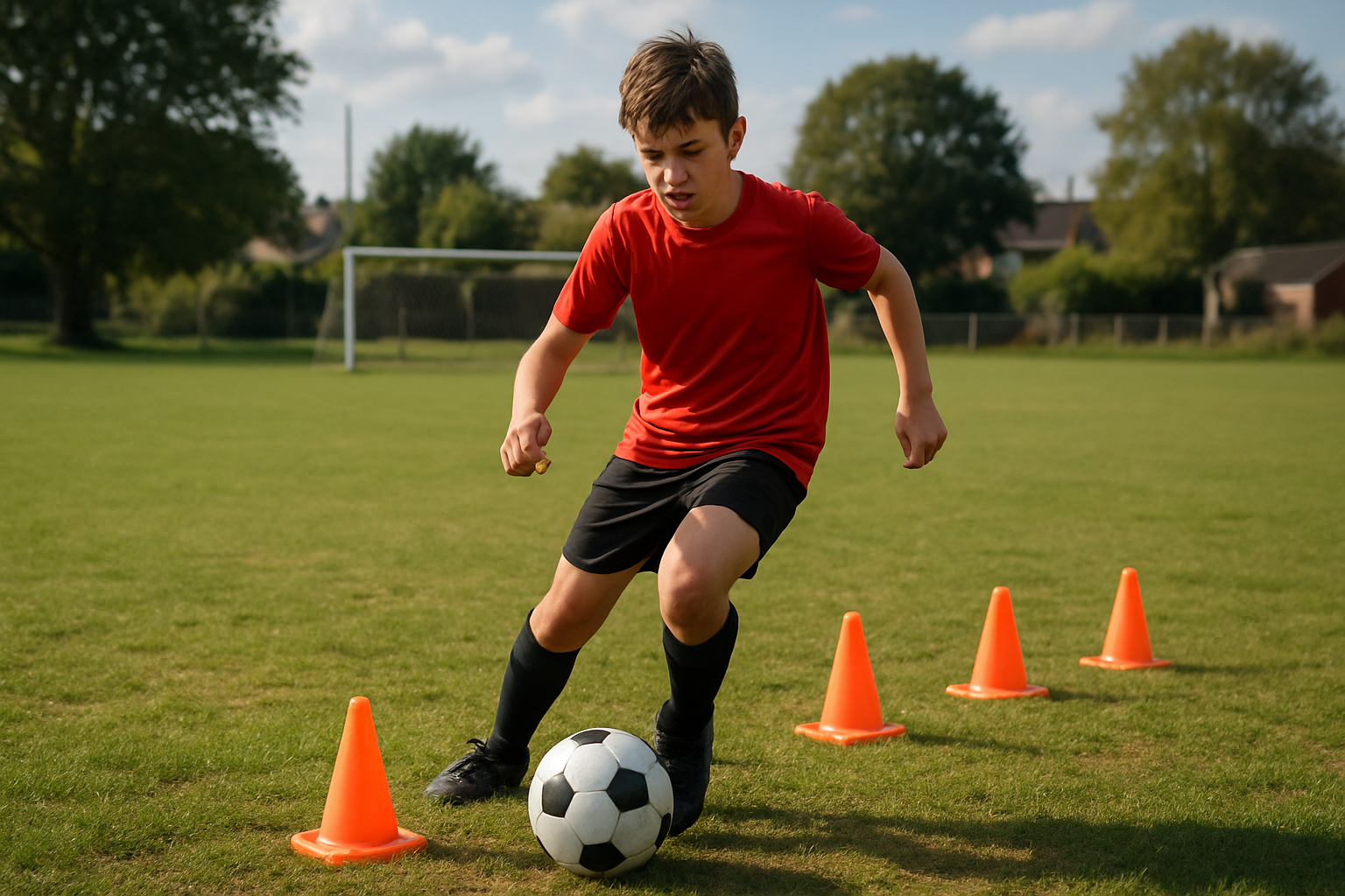 young grassroots football player practicing solo ball control drills on an outdoor local pitch