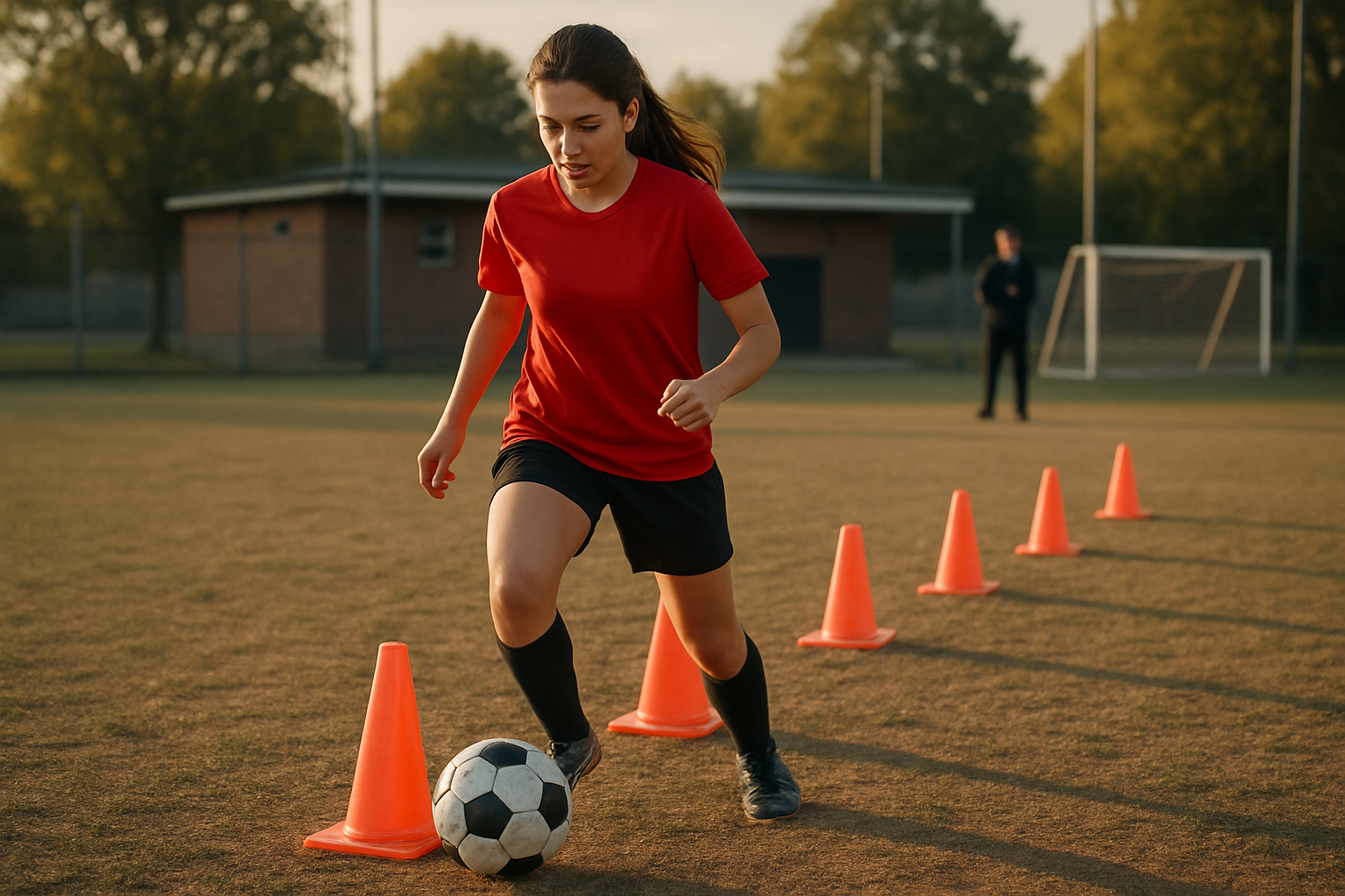 teenage player performing a structured football training routine alone with cones and ball