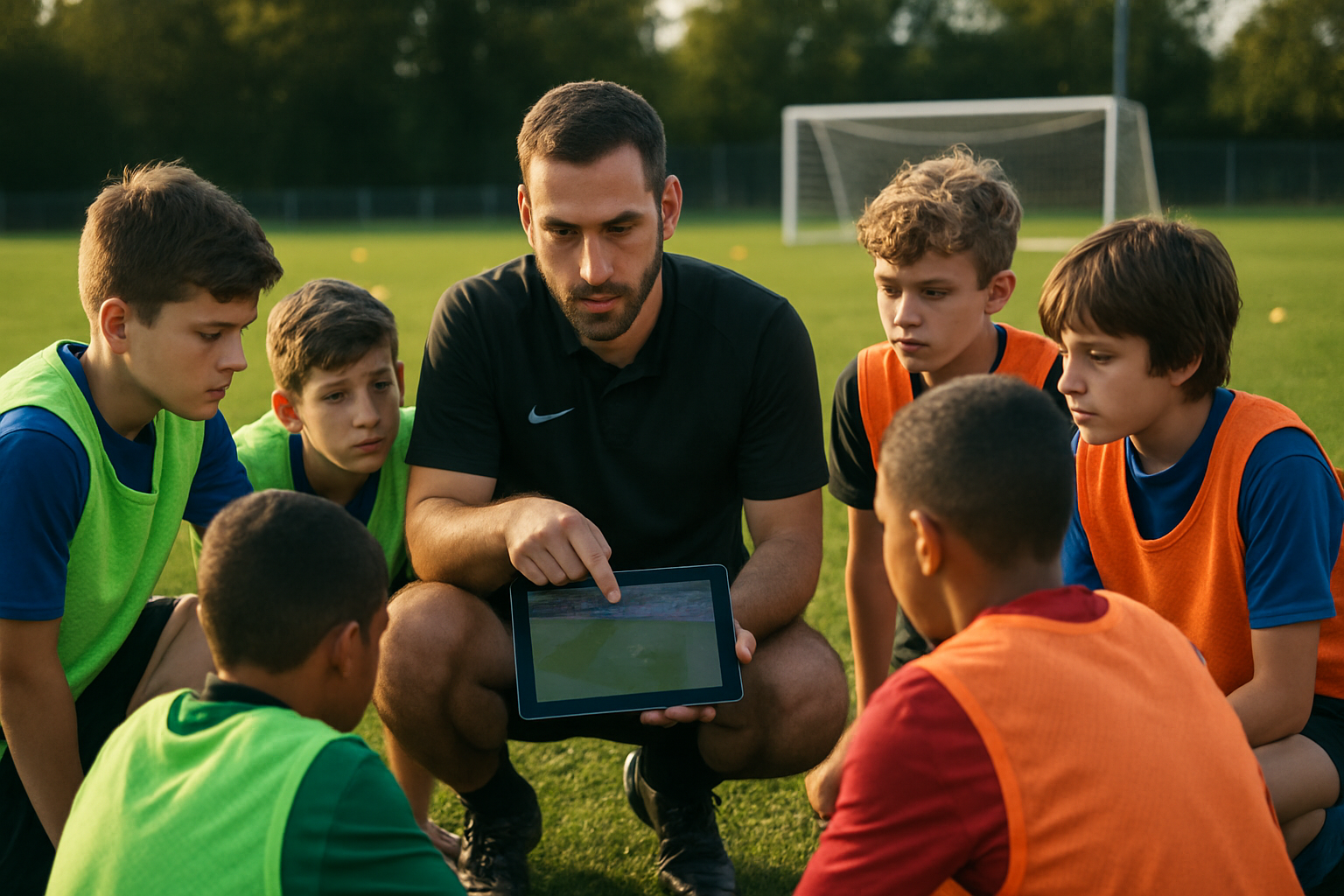 coach reviewing football training video with young players on tablet