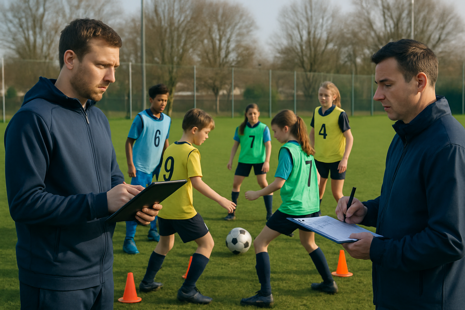 Youth football coaches using tablets and clipboards to track player performance in a training session