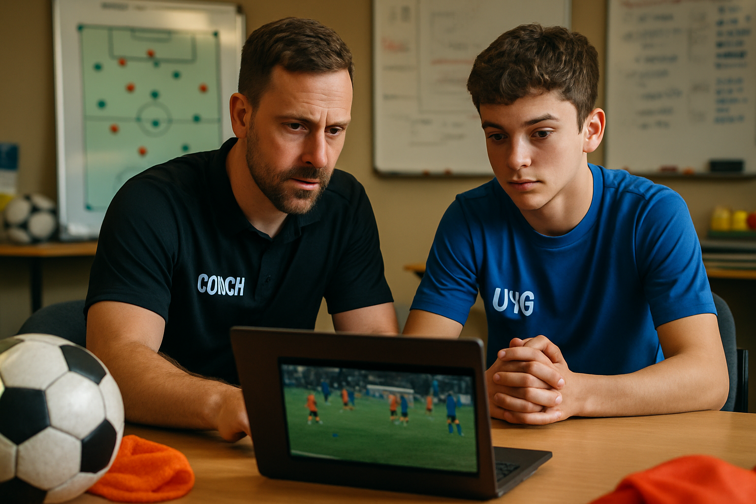 Coach discussing player progress with a young footballer using video analysis on a laptop at an academy