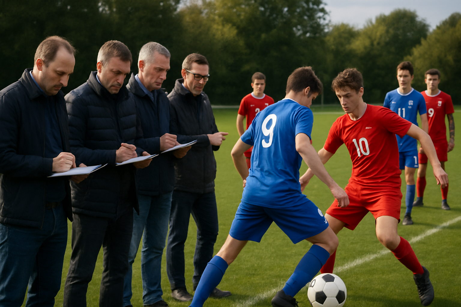 Youth football scouts observing players during a grassroots match
