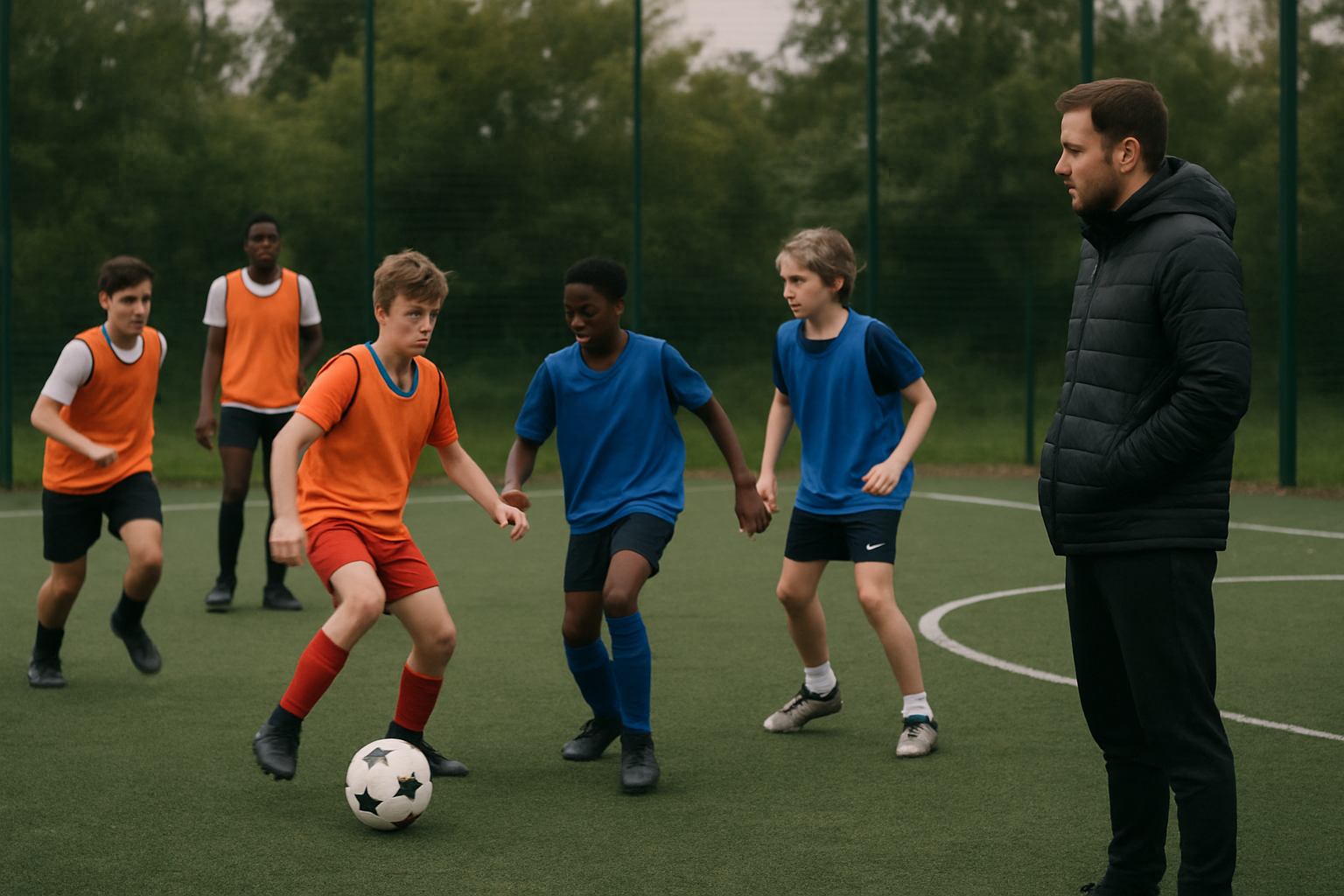 Youth football team during a small-sided game with players of varied abilities actively participating and communicating