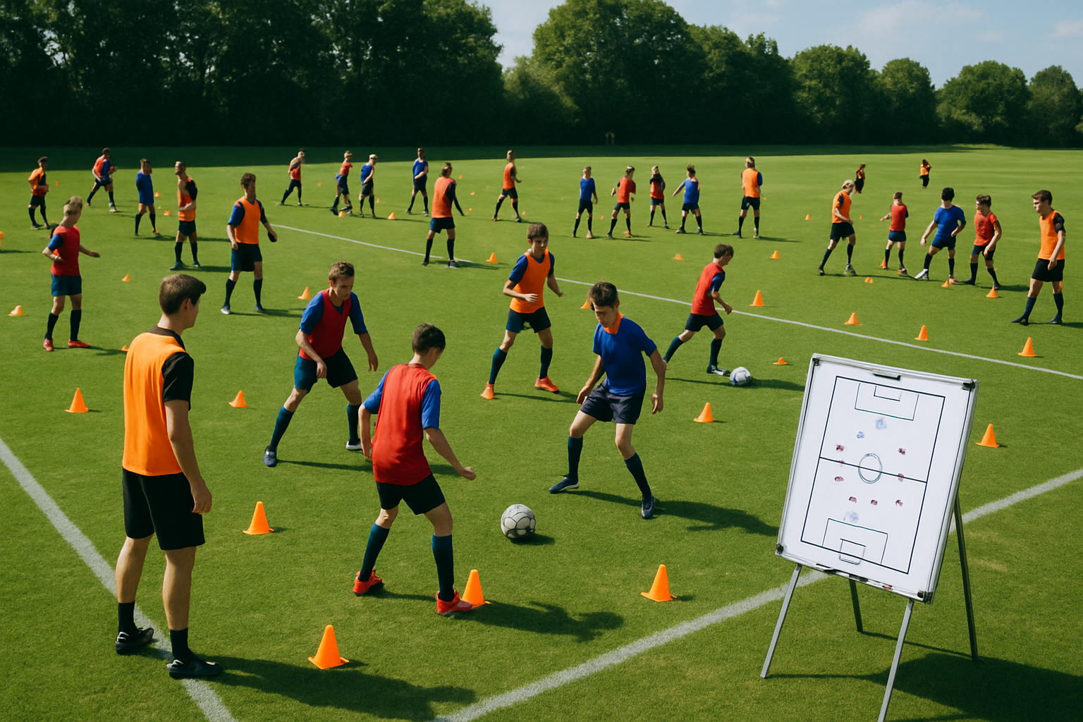 Football academy with multiple age-group batches training on separate fields