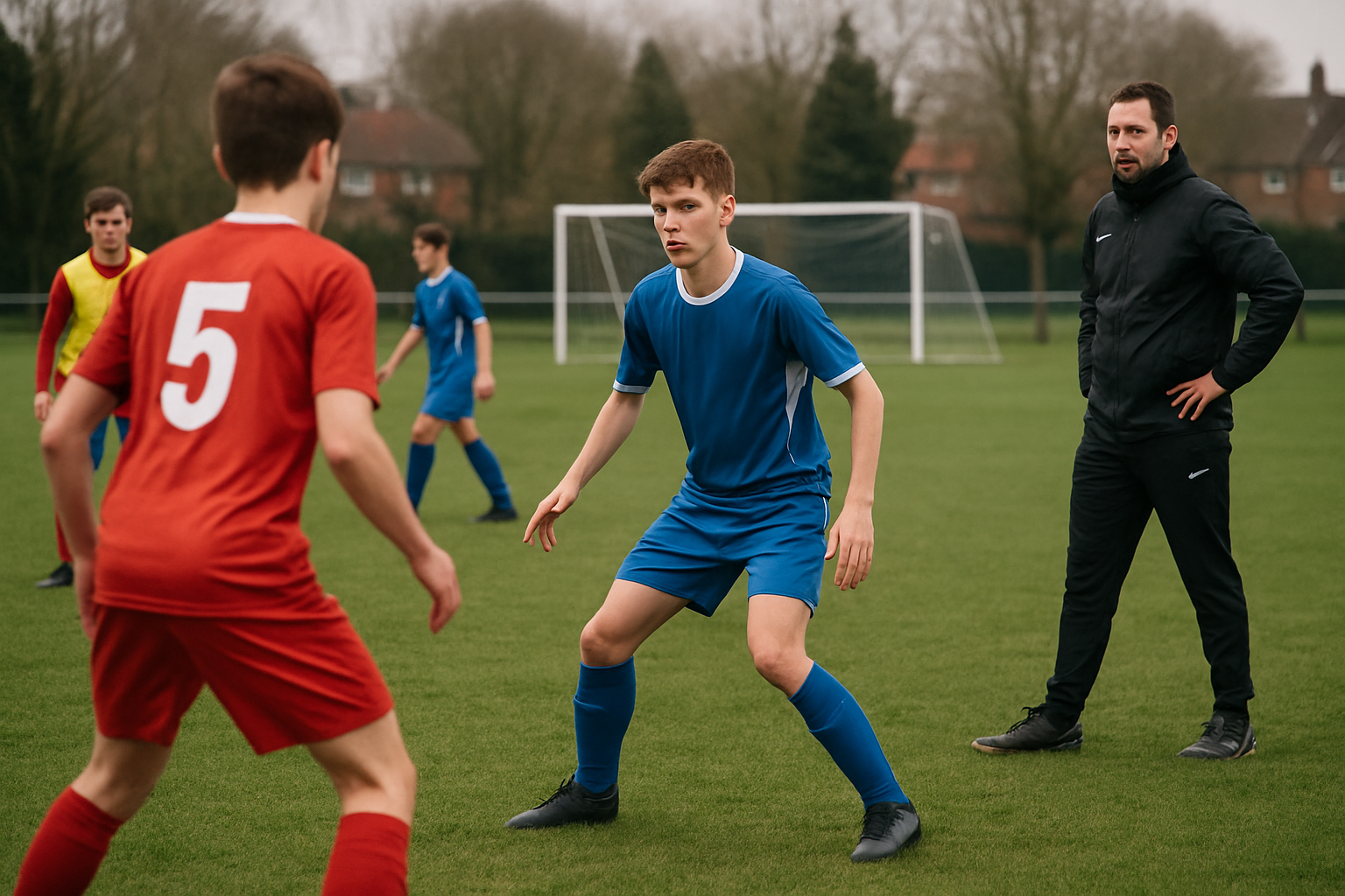 Youth football midfielder actively positioning during grassroots training session