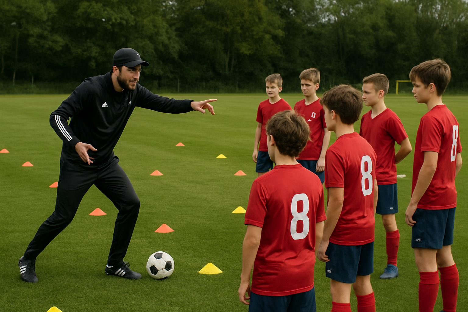 Coach demonstrating midfielder movement patterns in football training drill