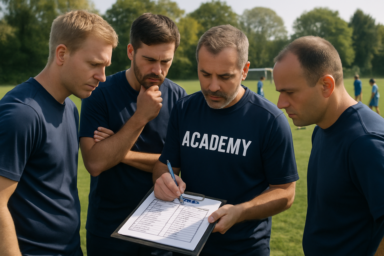 youth coaches and players planning football tournament logistics on a local academy pitch