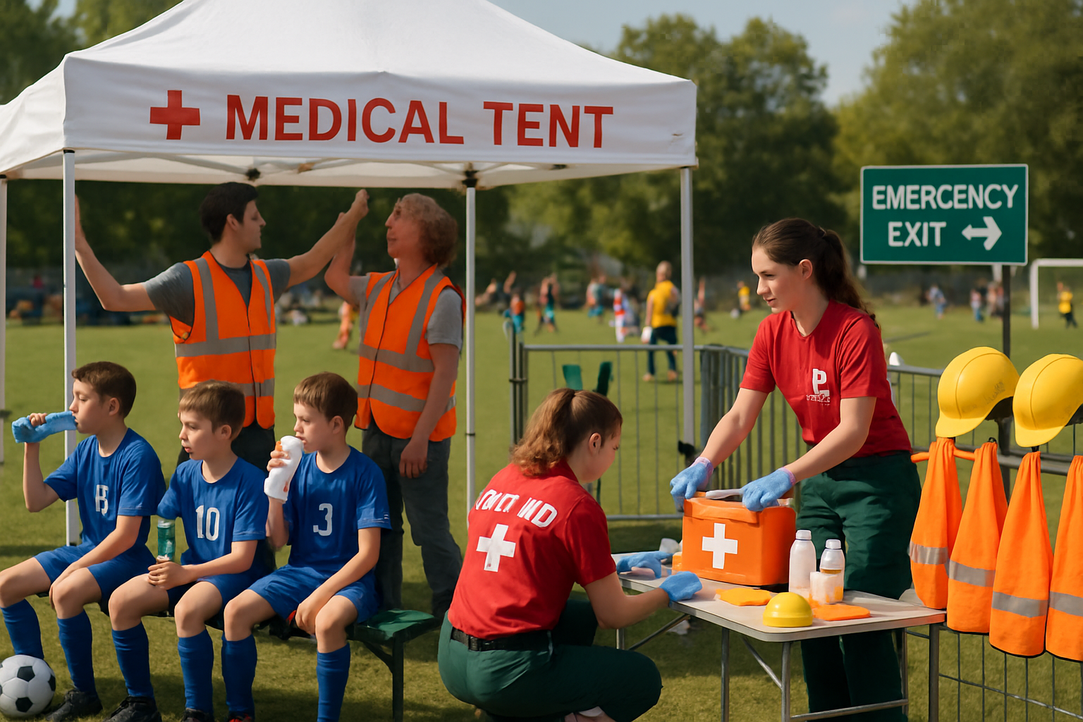 medical personnel and volunteers preparing safety equipment at youth football tournament venue