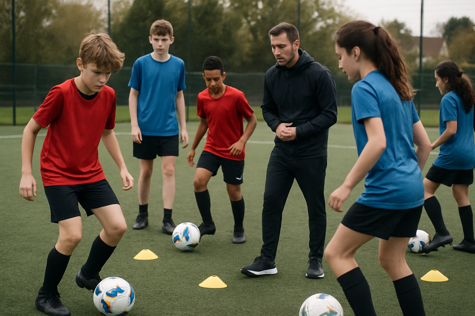 Youth football players training with coach during a skill development session