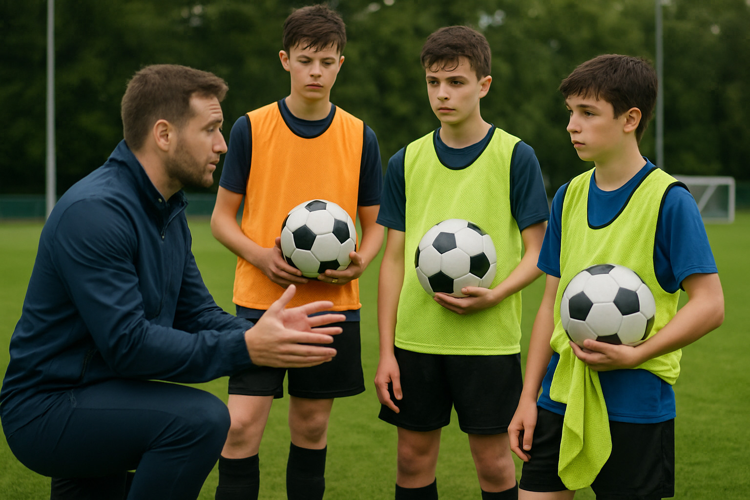 Coach providing feedback to young players during football training session