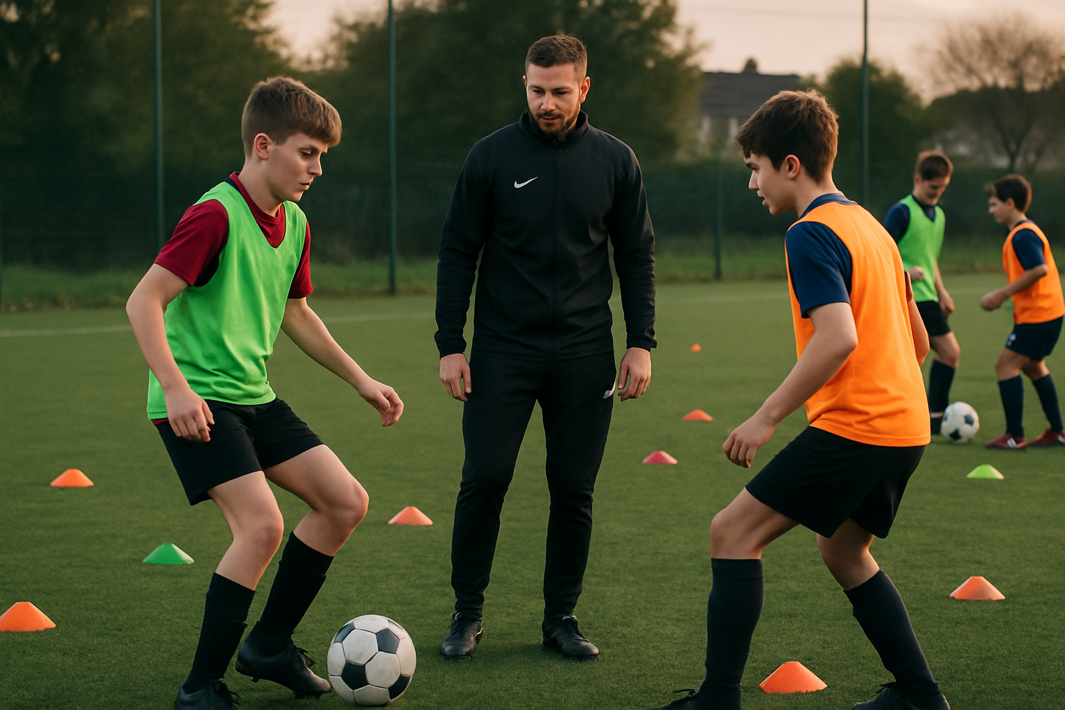 Youth coach guiding players during a structured training session at a grassroots soccer academy