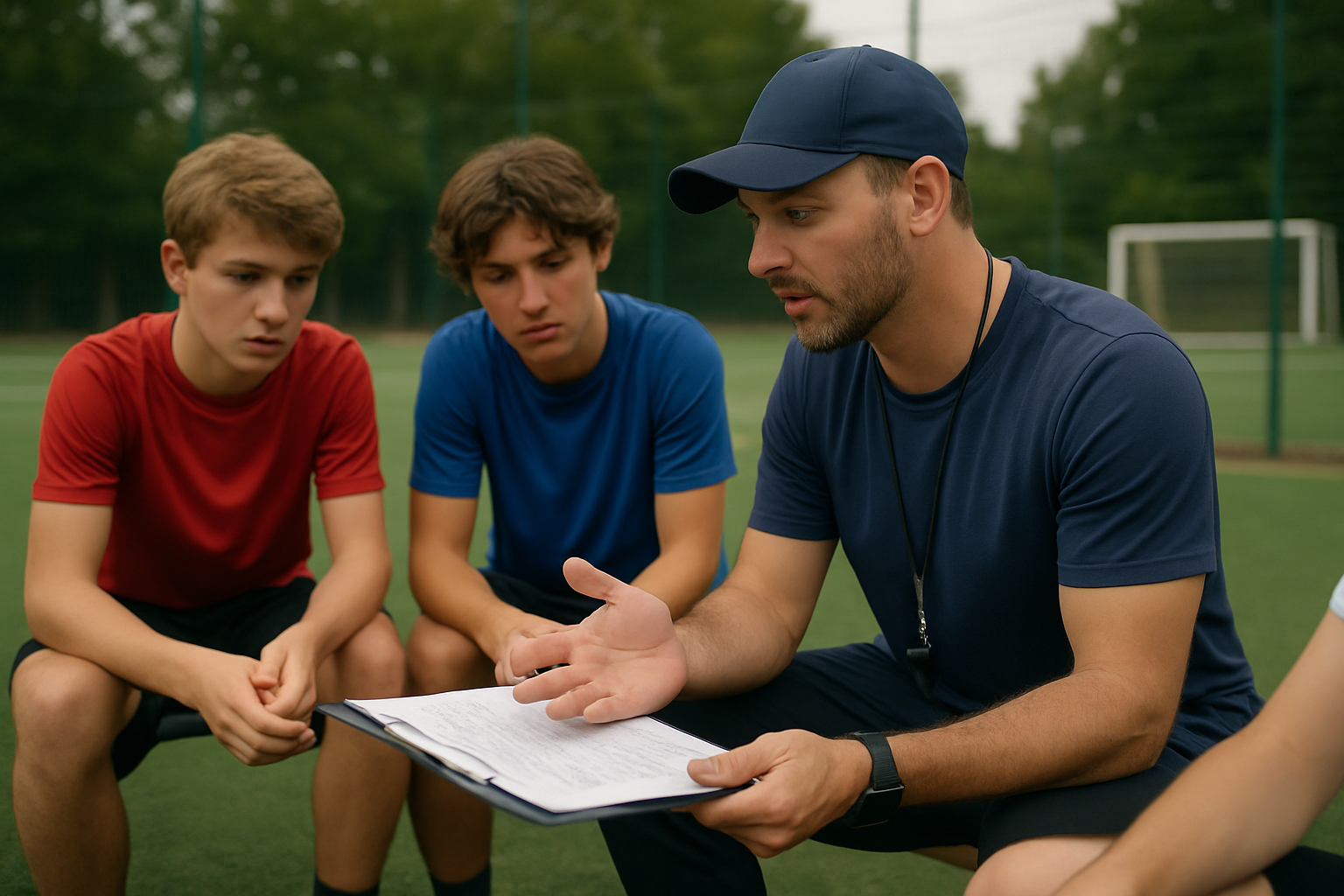 Coach reviewing player progress and training feedback with young athletes at grassroots academy