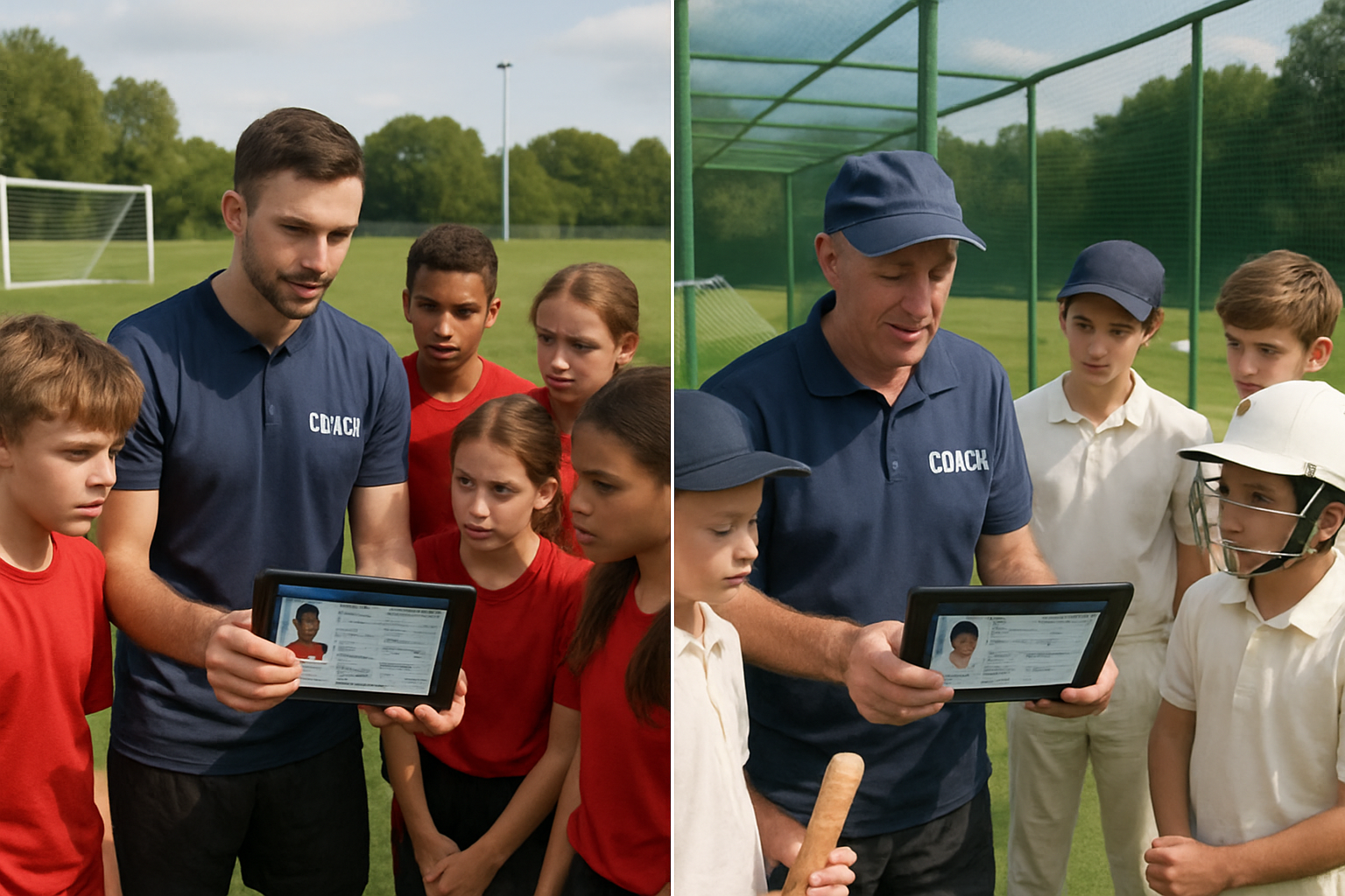 Youth football and cricket players receiving coach instructions with digital tablets displaying player profiles