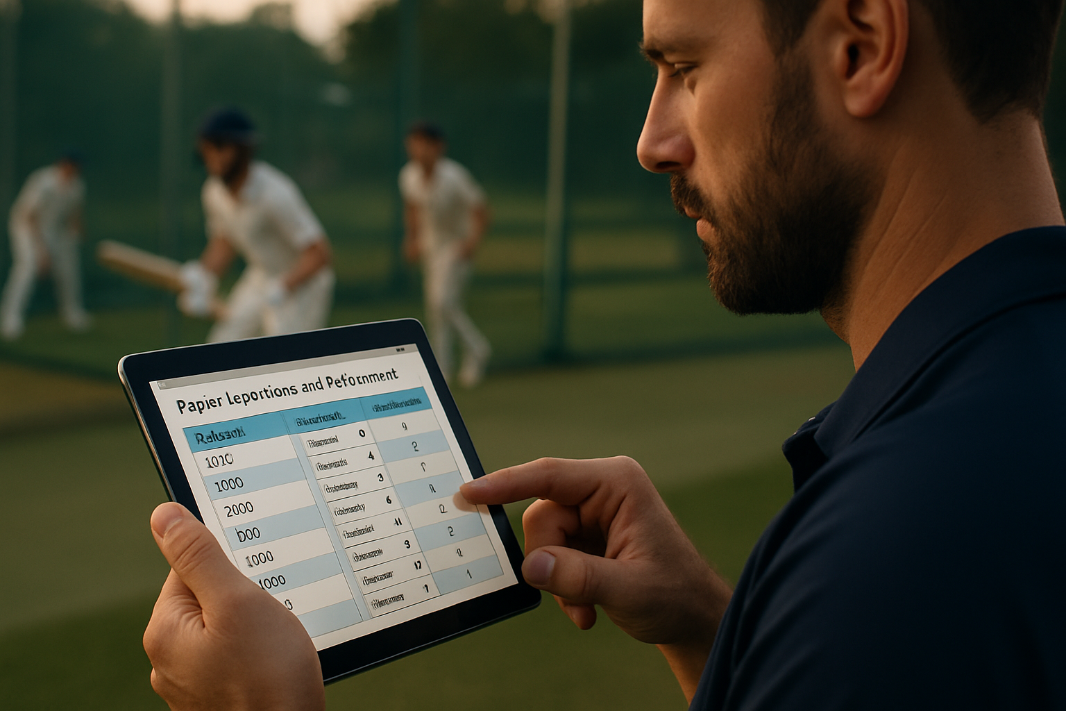 Coach updating attendance and performance data on tablet during youth cricket practice session