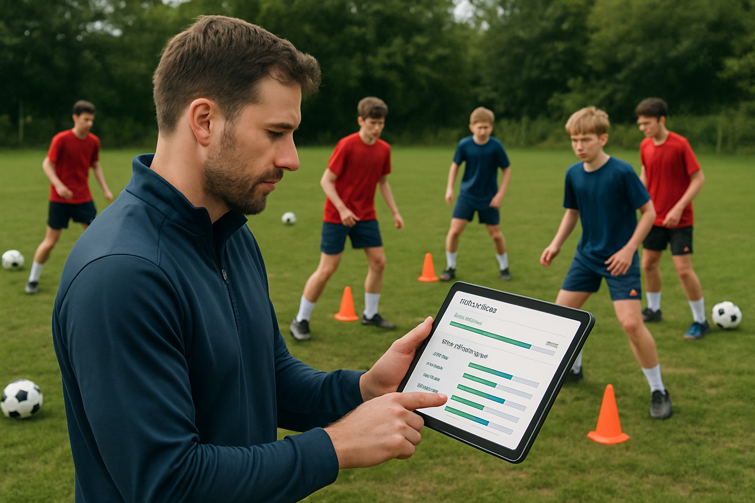Youth football coach reviewing player performance data on a tablet during grassroot training session