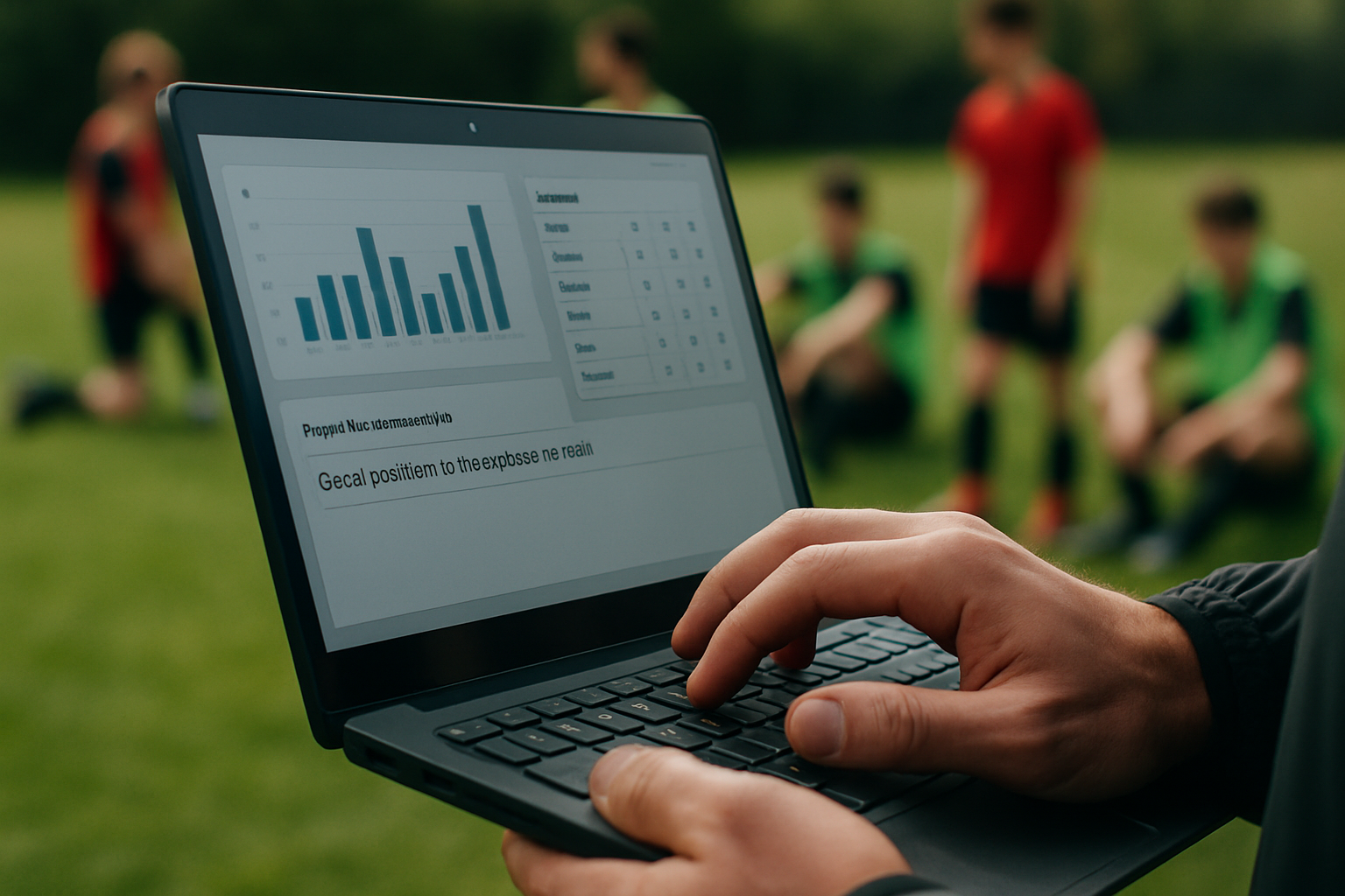 Coach inputting detailed player assessment notes on performance tracking software after a youth football match