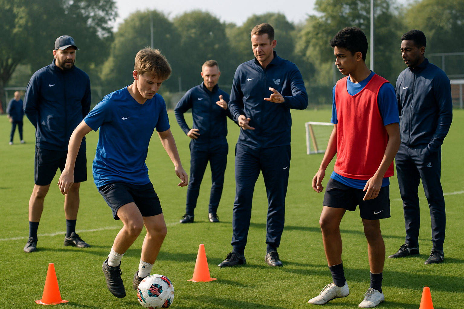 youth football academy training session with coaches and players
