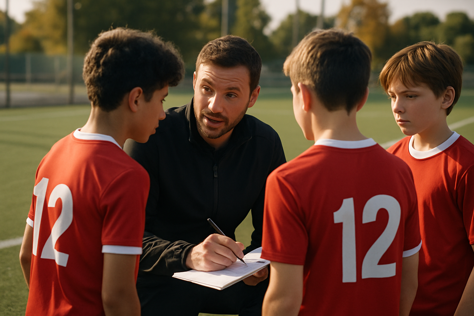 coach giving individual feedback to young football players after training