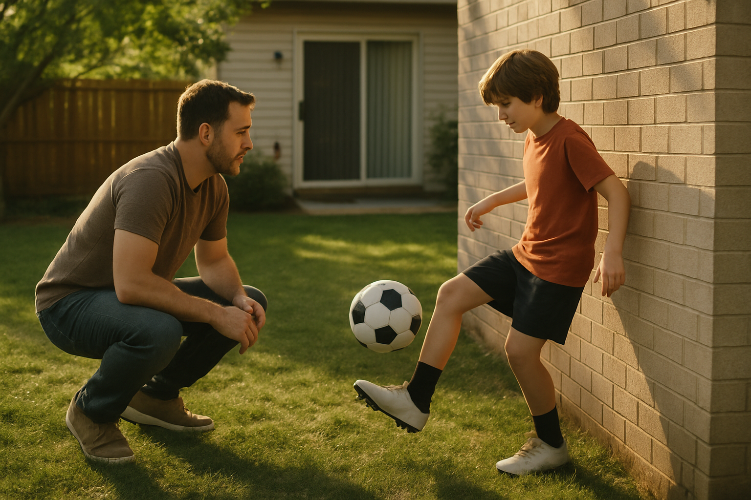 parent supporting child practicing football skills at home