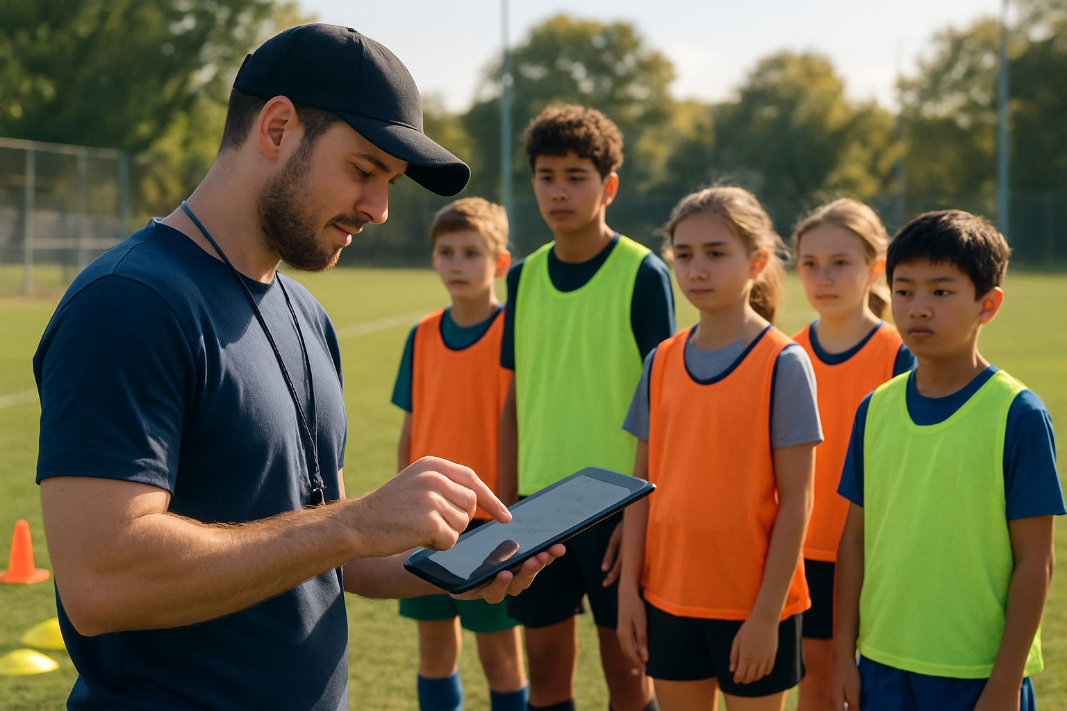 Coach using tablet to mark attendance of young players at a grassroots sports training session