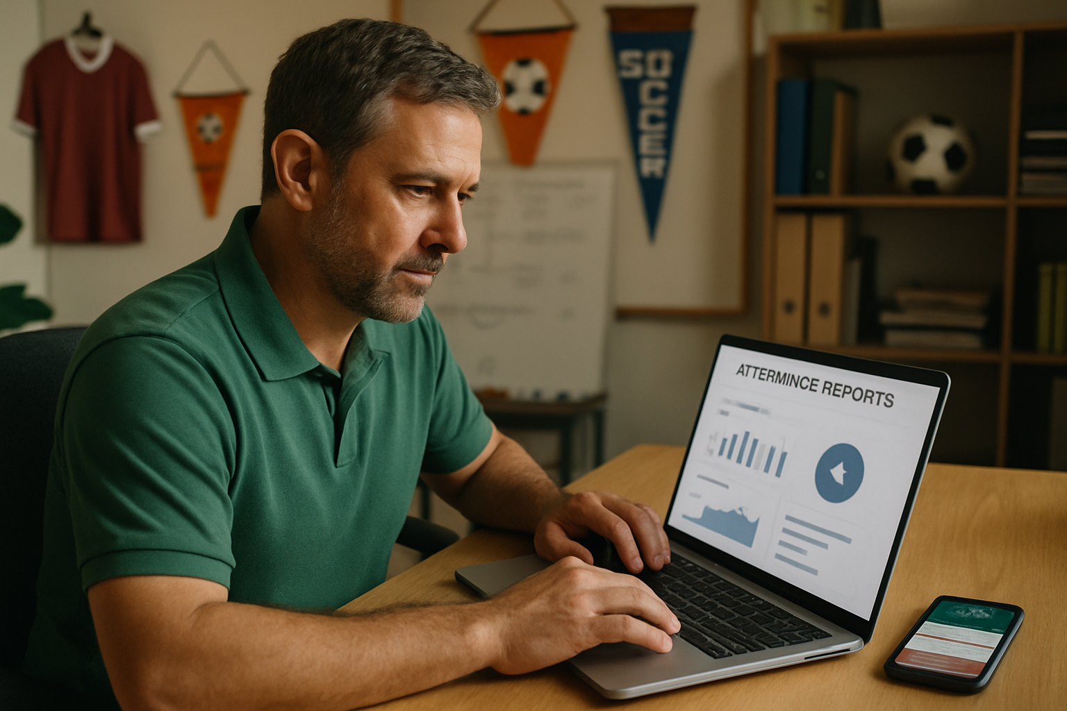 Academy manager analyzing digital attendance reports on a laptop in an office environment