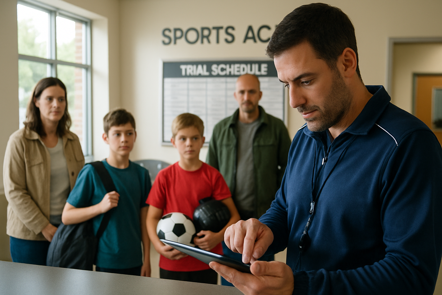 Coach reviewing player trial registrations on tablet at sports academy reception