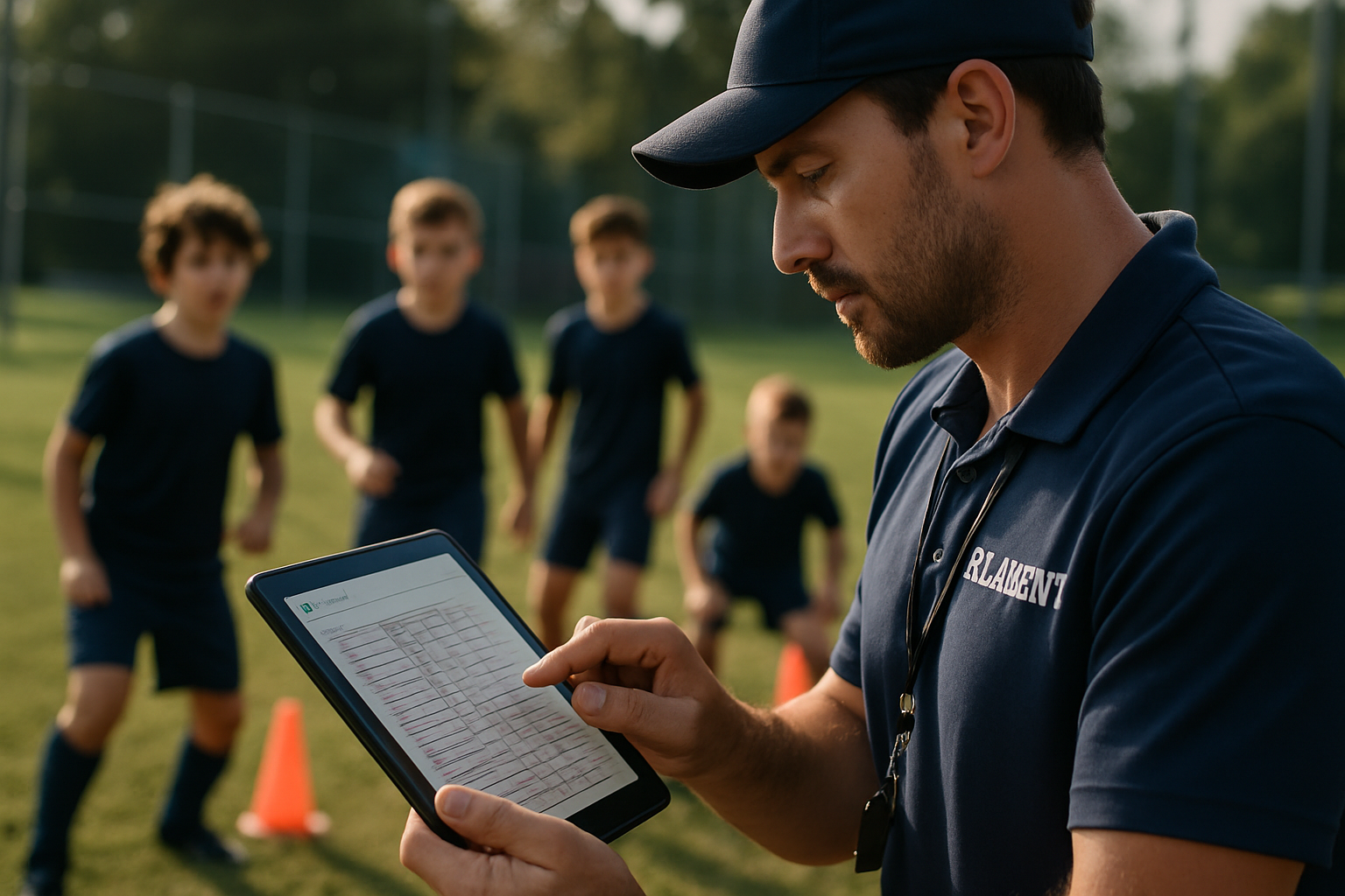 Coach using digital evaluation form on tablet during player trial session outdoors