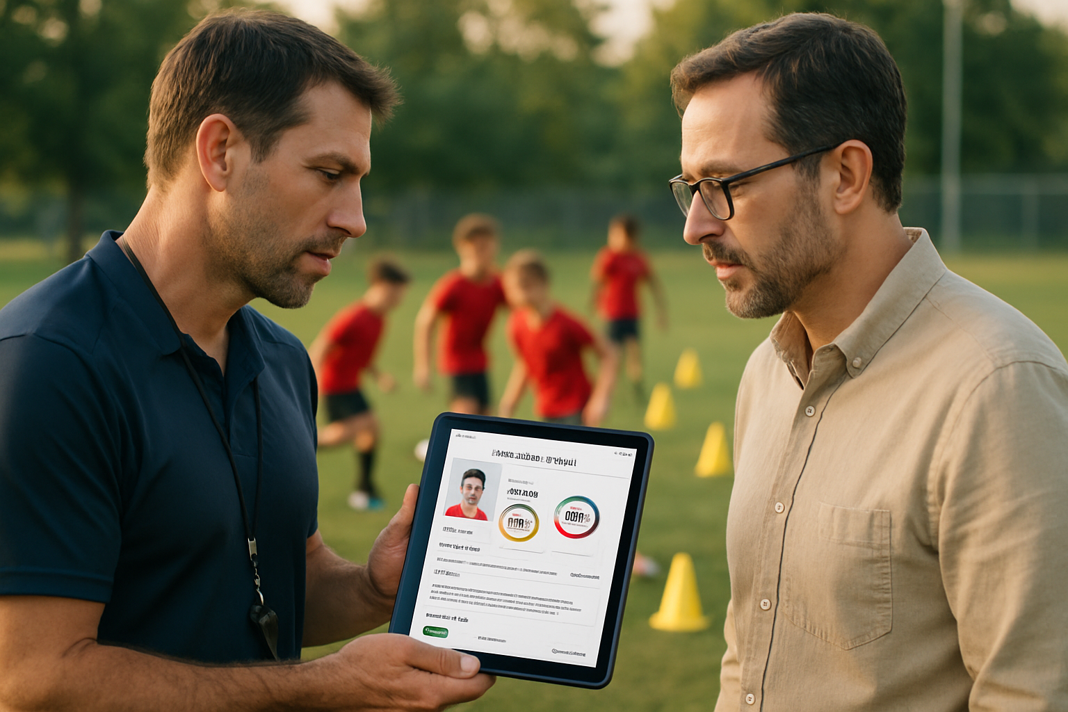 Coach and parent discussing player performance using a tablet with app in grassroots sports academy