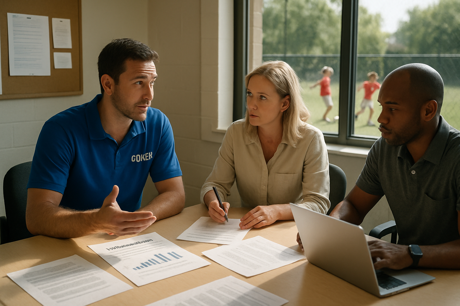 Coach discussing sponsorship goals with academy staff during a meeting in a grassroots sports academy