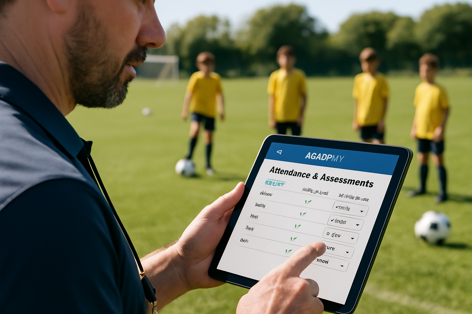Academy coach recording player attendance and assessments on a tablet during a training session