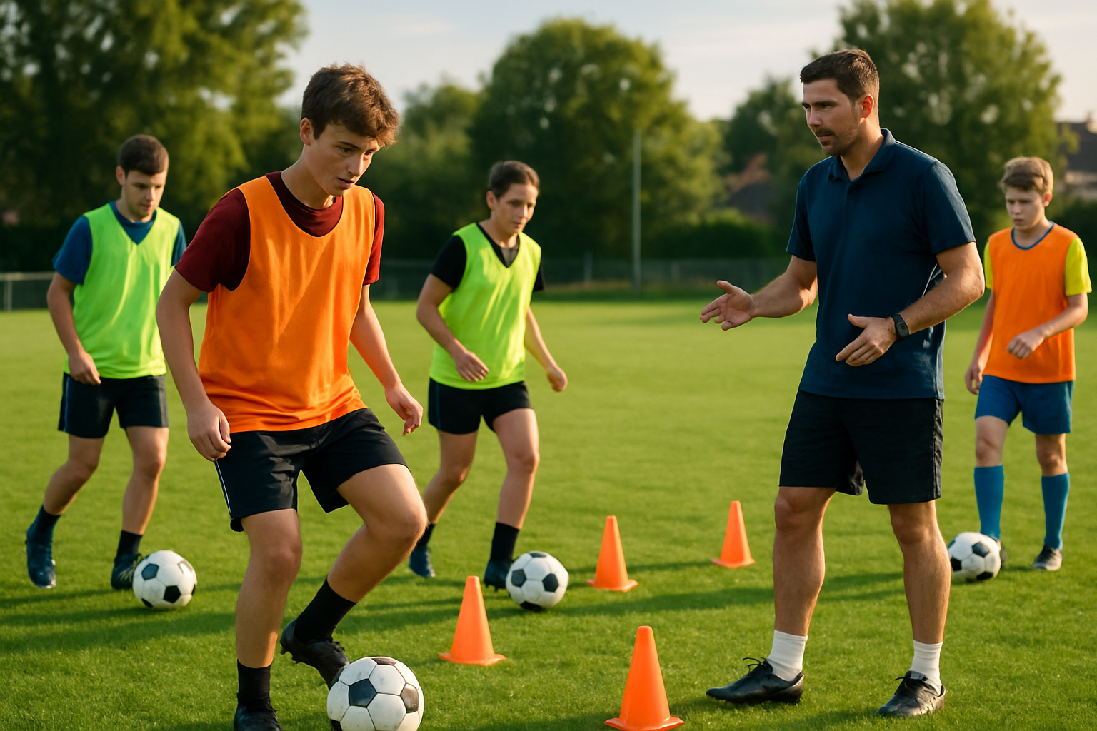 Youth football academy training session with coaches organizing structured drills