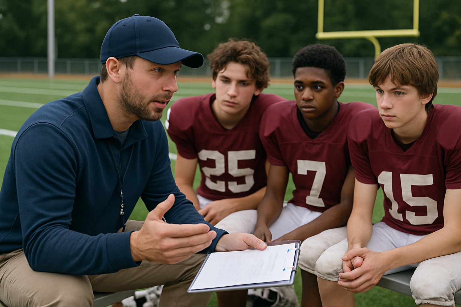 Coach reviewing player development data and feedback with young players after training
