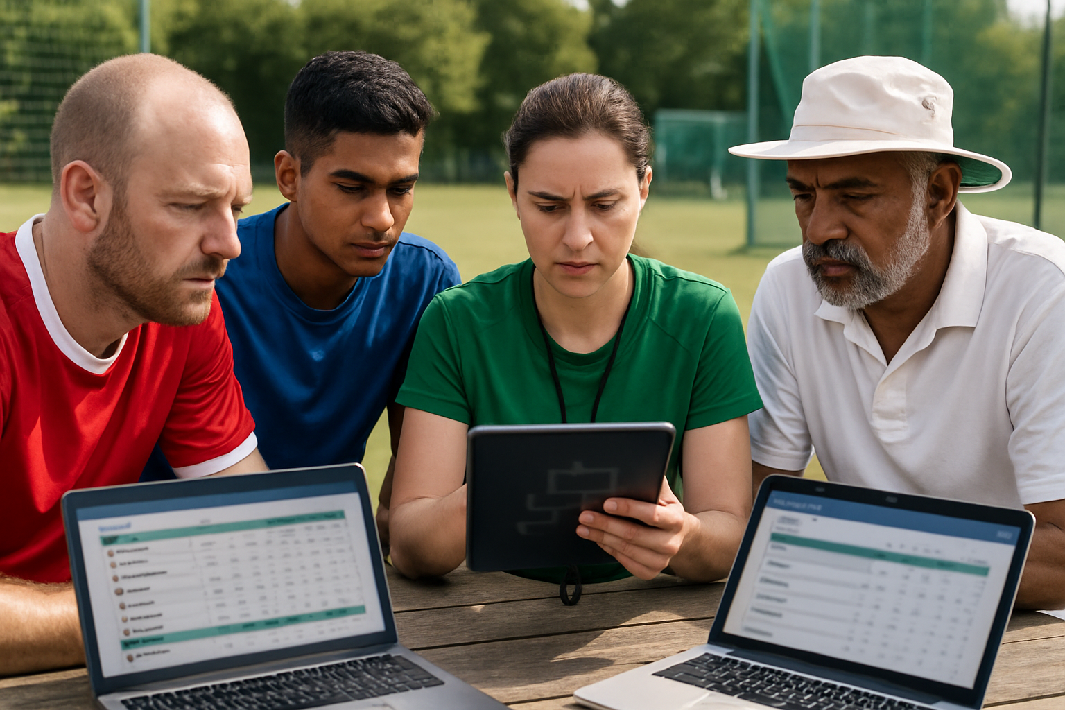 Football and cricket tournament organizers using software on laptops at a grassroots sports event