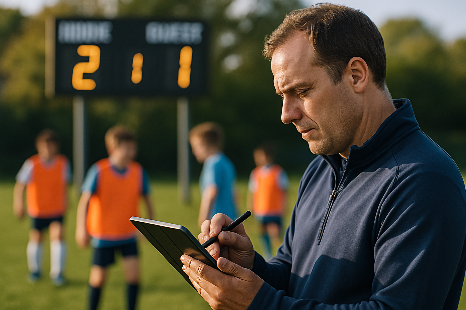 Coach updating match results and checking player attendance on a tablet during a football match