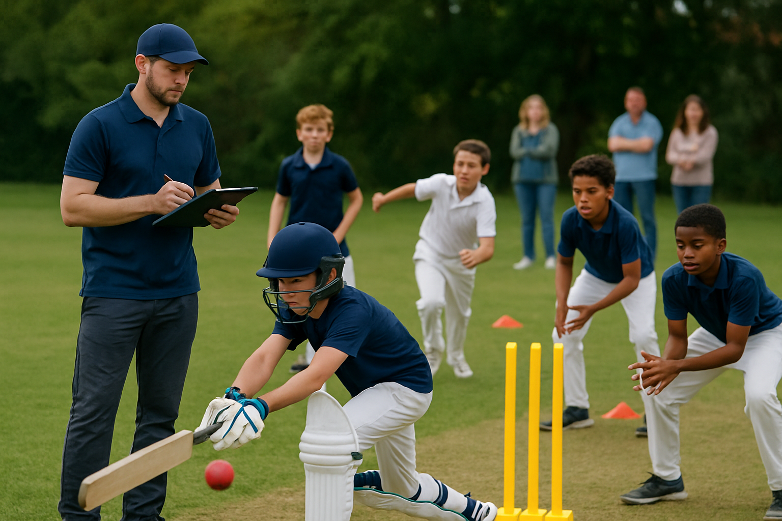 youth cricket coach assessing young players’ skills and technique during training session