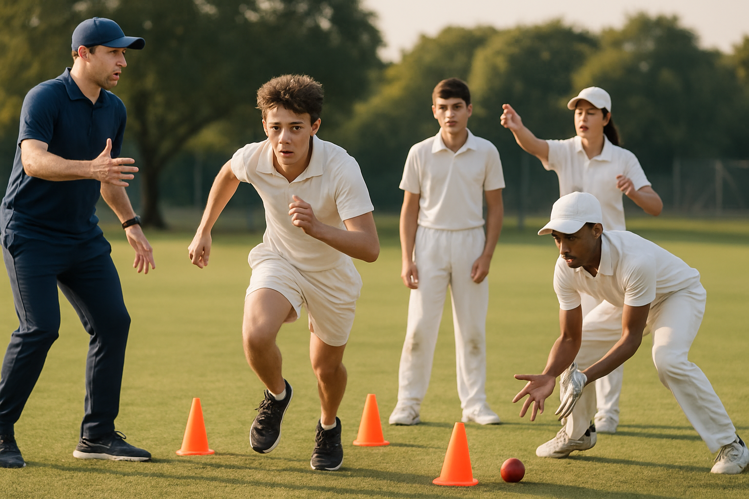 coach delivering fitness and match awareness training to young cricketers in practice