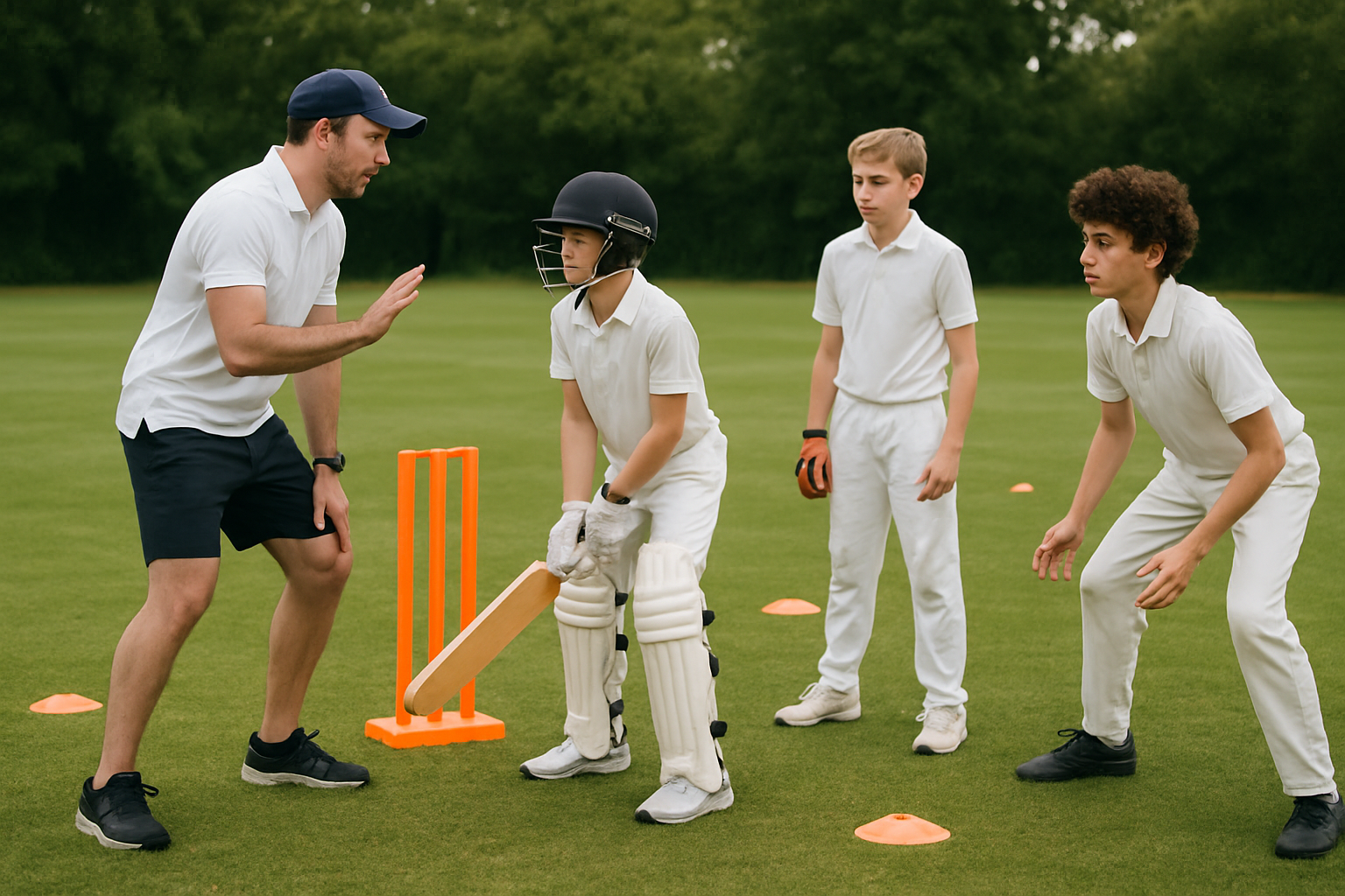 Youth cricket coach conducting a structured training session with players on a grass outdoor ground
