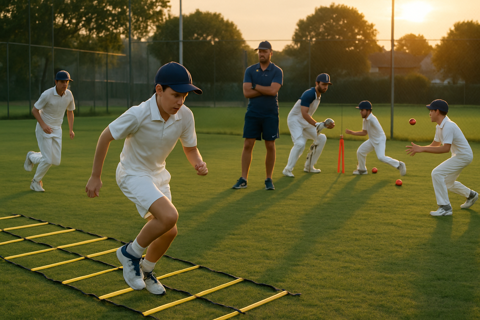Grassroots cricket fitness and tactical drills session with young players and coach