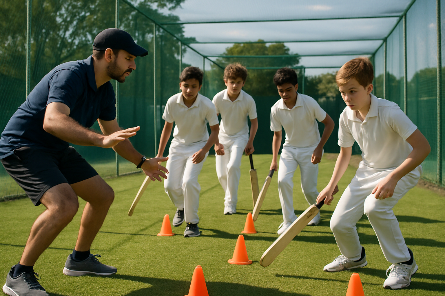 coach working with young cricketers on physical fitness and decision-making drills
