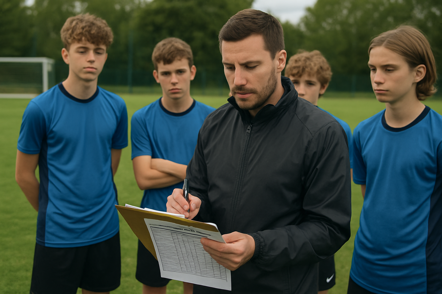 Coach reviewing player performance data with youth football players during training