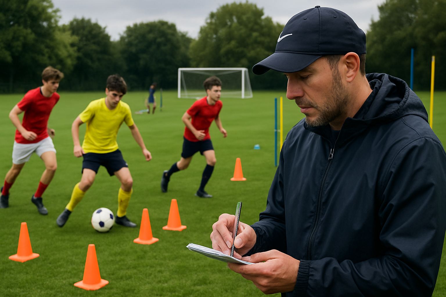 Youth football coach assessing players’ technical and physical performance during a session